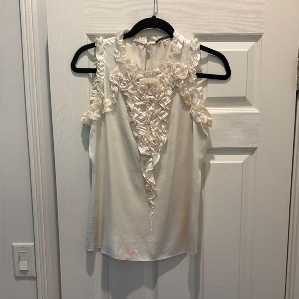 Elie Tahari Women's Ivory Silk Ruffle Floral Sleeveless Top. Sz S
